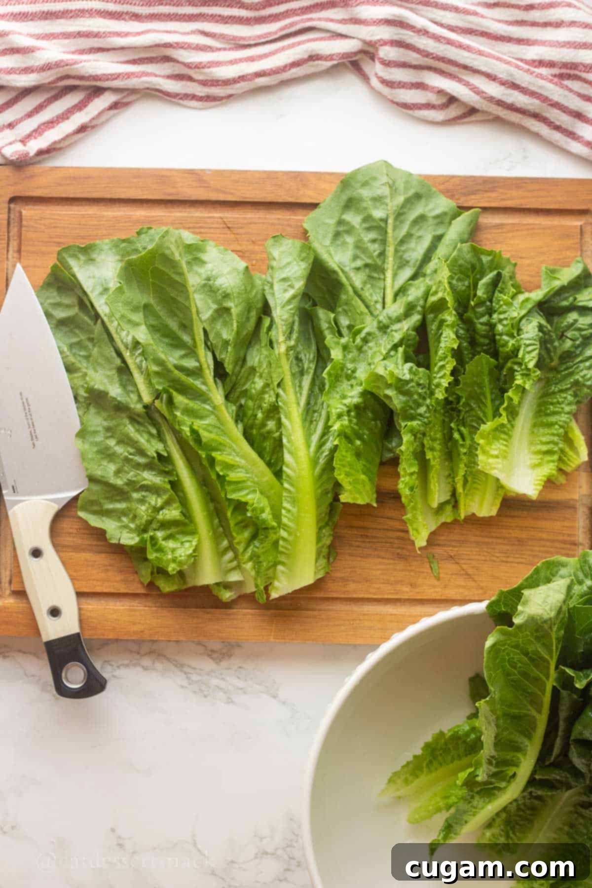 Lettuce on cutting board with knife.