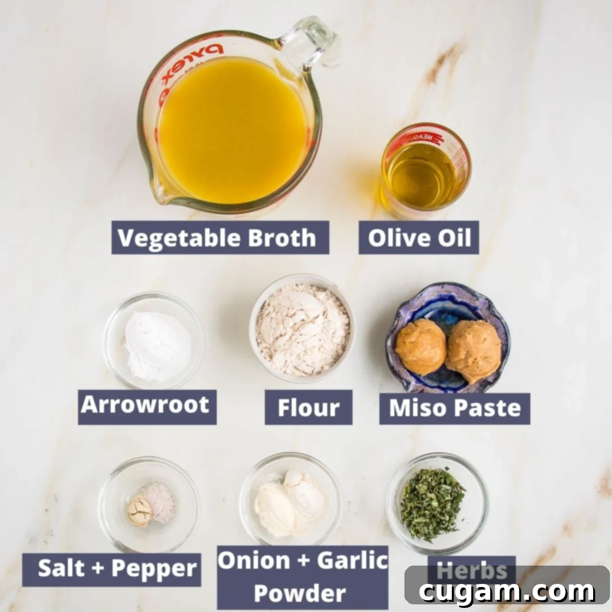 Easy vegan gravy labeled ingredients: vegetable broth, olive oil, arrowroot, miso paste, flour, herbs, onion and garlic powder.