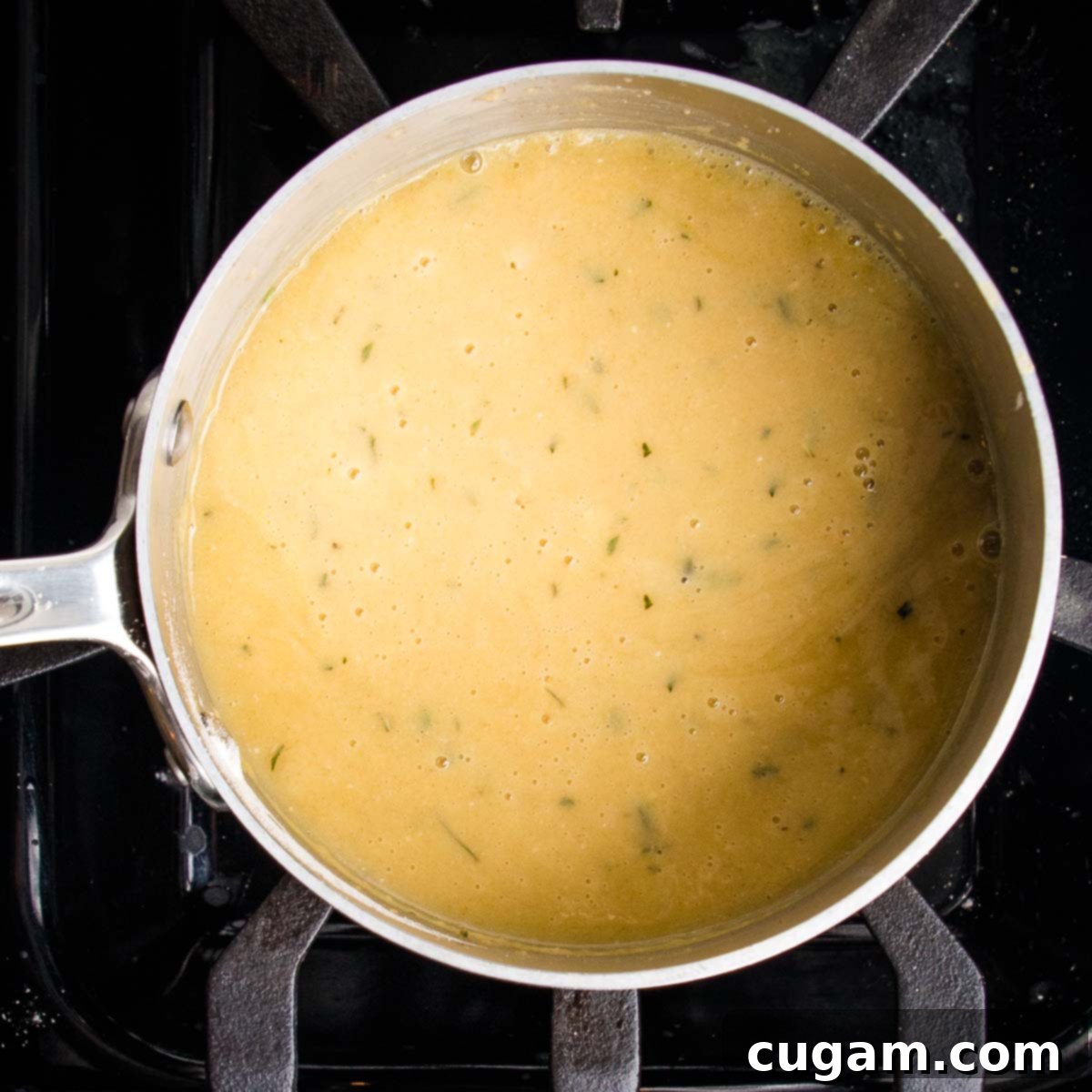 Saucepan filled with golden gravy that's speckled with fresh herbs.
