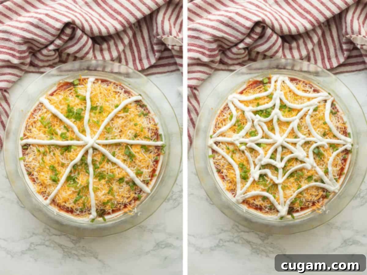 Spooky Spiderweb Taco Dip 8 Side-by-side comparison of sour cream decoration: one as a star, the other as a spider web, on top of the bean dip.