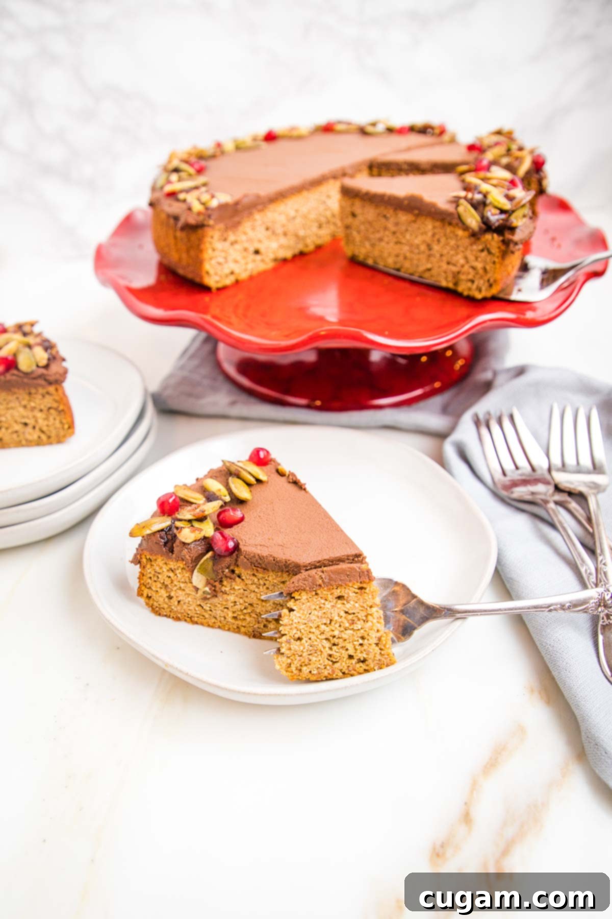 A perfectly portioned slice of grain-free pumpkin cake, generously slathered with chocolate frosting and adorned with sparkling candied pepitas and fresh pomegranate seeds, resting on a crisp white plate. The main cake, on a red pedestal, is visible in the background alongside another slice, forks, and elegant cloth napkins.