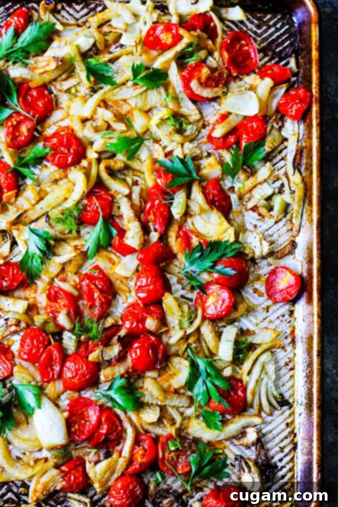 Tomatoes and fennel roasted on baking sheet