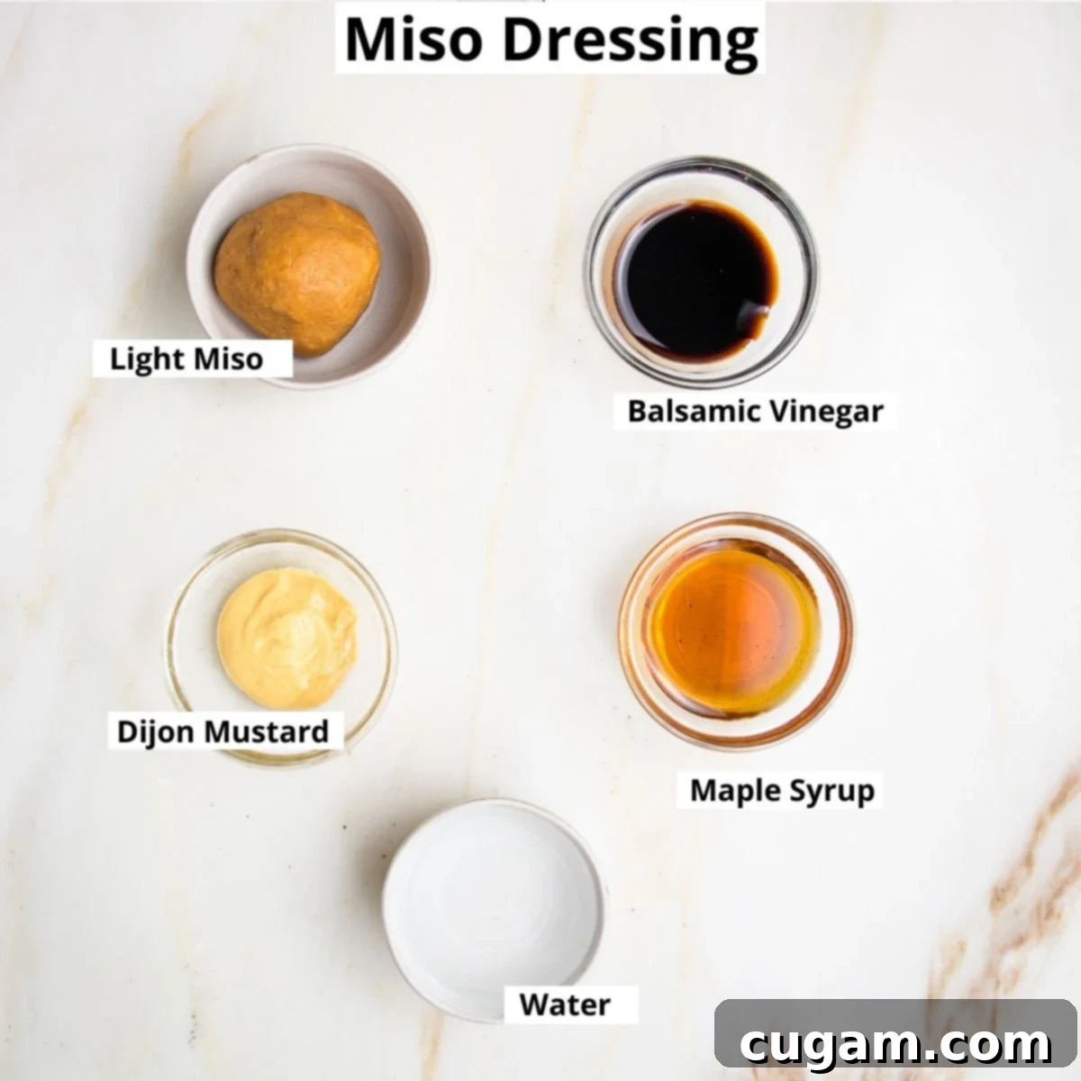 Miso dressing labeled ingredients: balsamic vinegar, light miso, dijon mustard, maple syrup, water.
