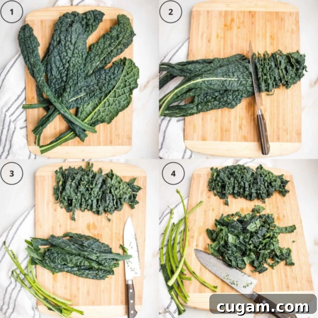 4 images of tuscan kale on a wooden cutting board showing phases of julienne slice.
