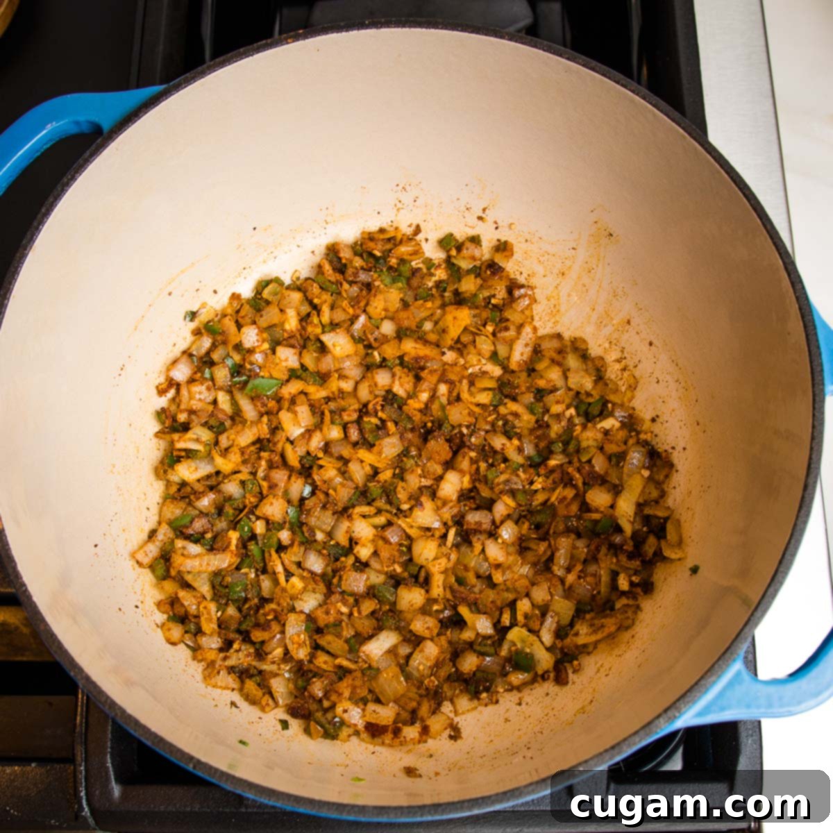 sauteed onions, garlic, jalapenos and taco seasonings.
