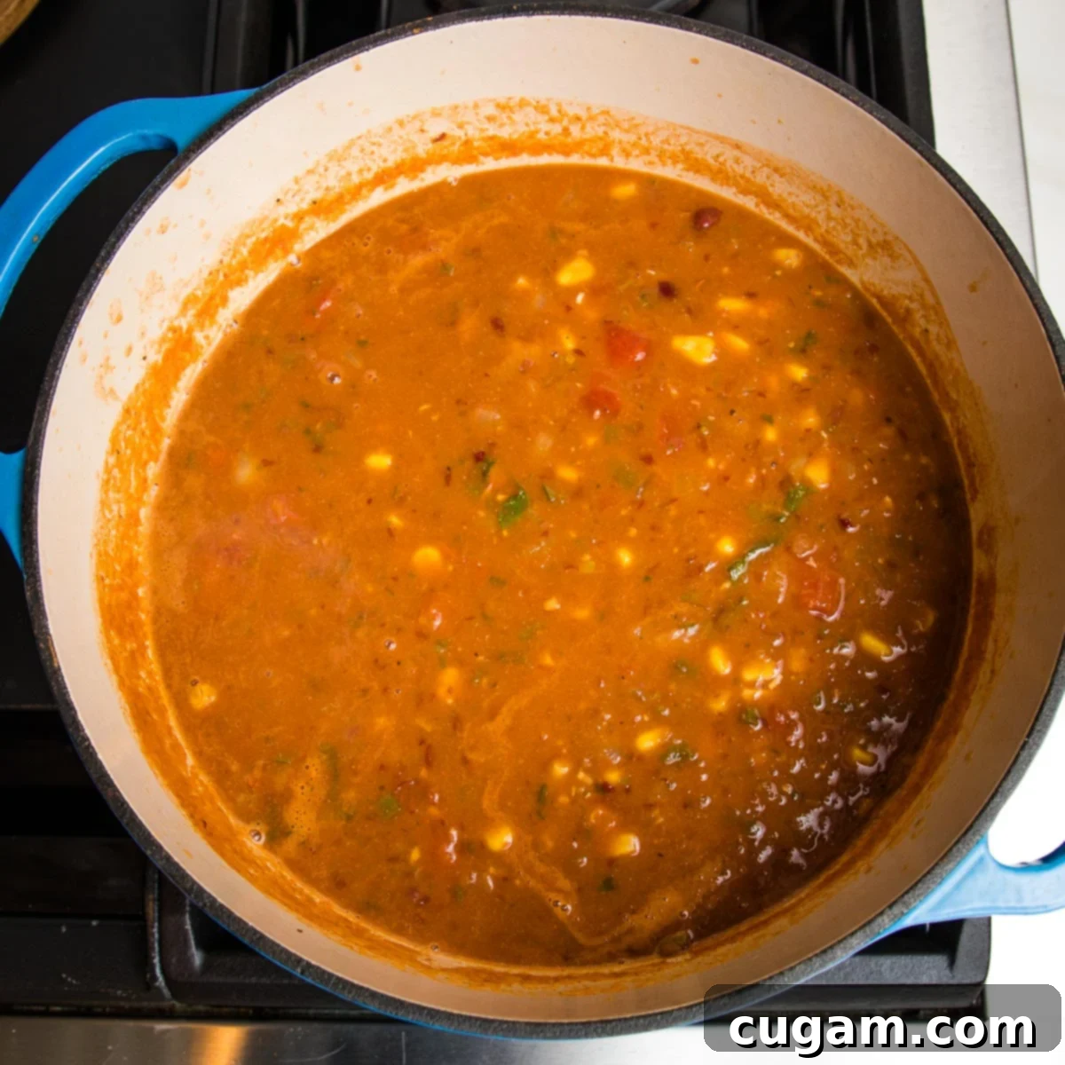 Blue dutch oven filled with taco soup. on the stove.