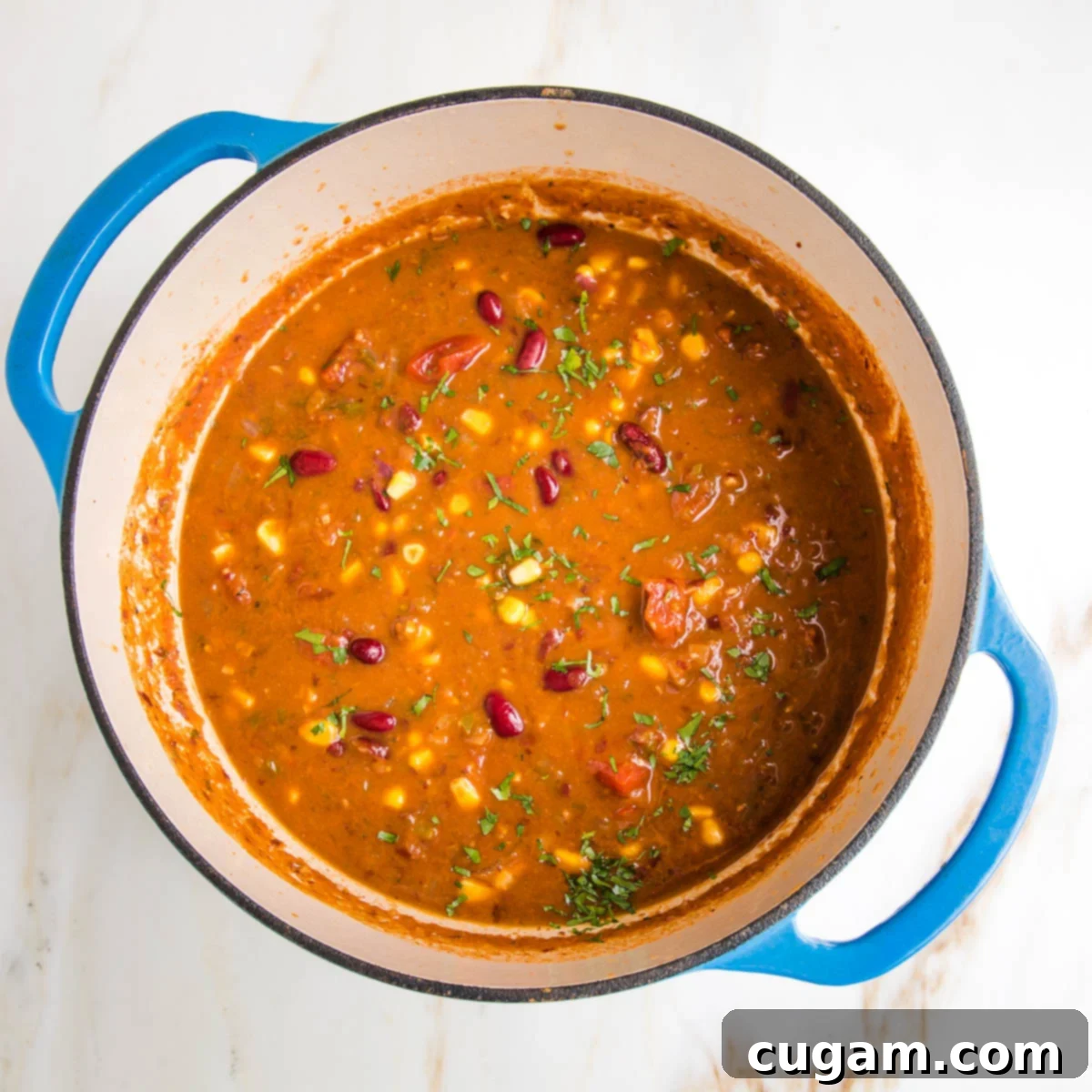 colorful taco soup in a blue dutch oven. Tomato base and you can see red kidney beans, fresh chopped cilantro, corn, pieces of tomatoes and onions.