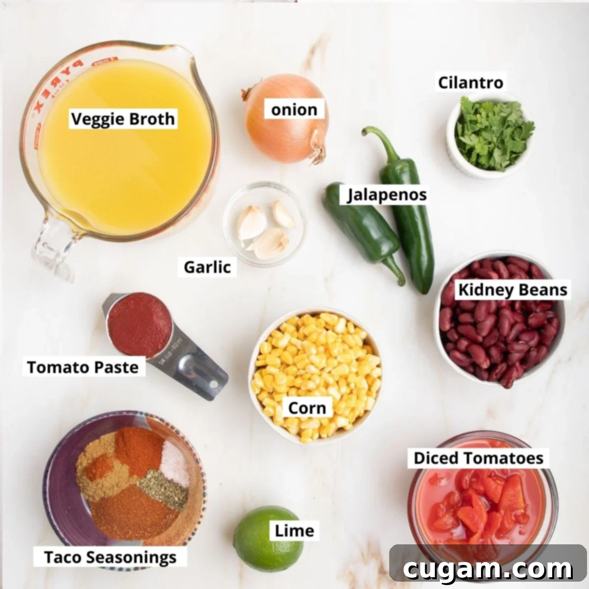 Labeled ingredients: Veggie Broth, onion, cilantro, jalapenos, garlic, kidney beans, diced tomatoes, corn, tomato paste, taco seasonings, lime.