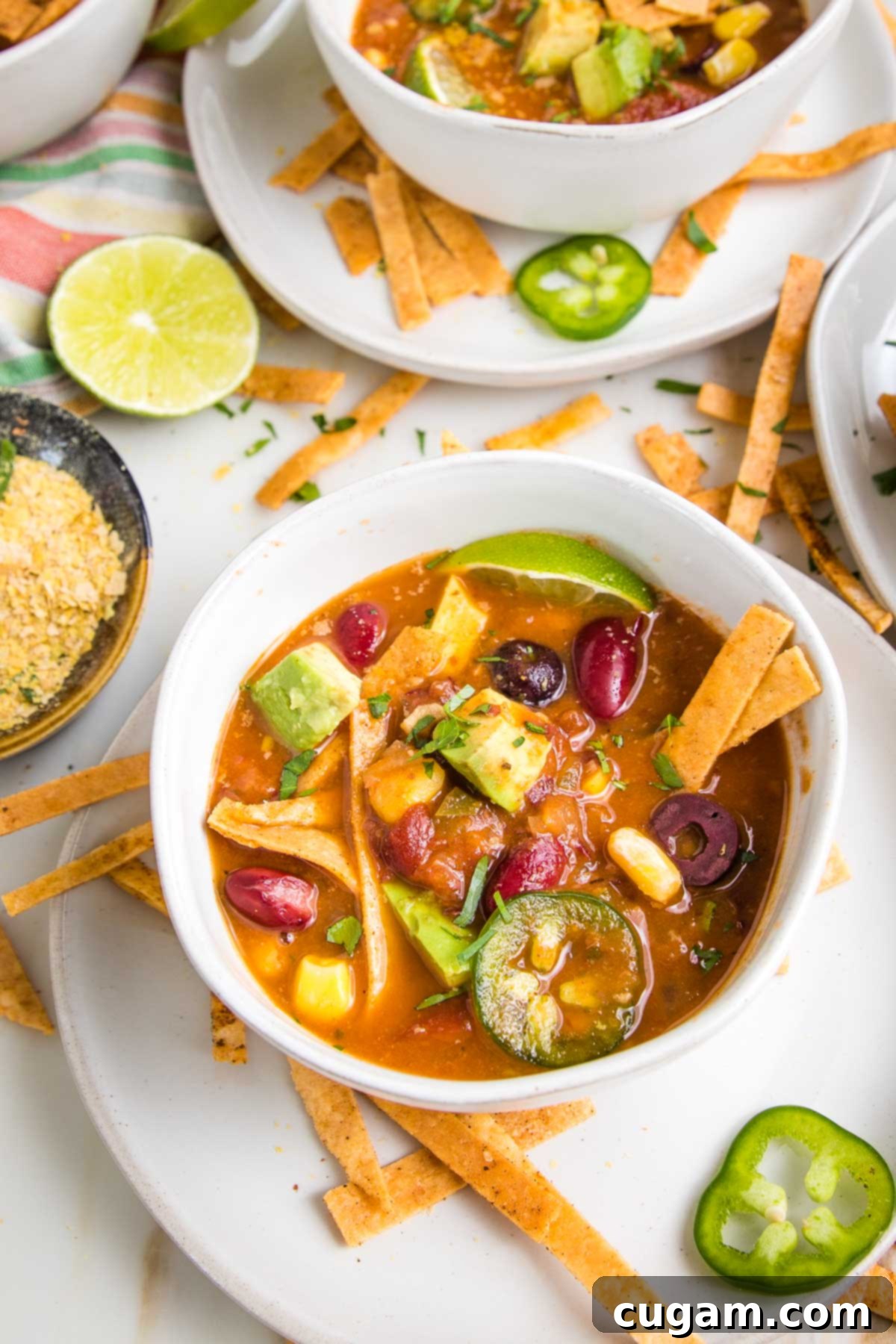 Close up of a bowl of taco soup with bright veggies on top...avocado chunks, corn, sliced olives and jalapenos, plus baked tortilla strips. 