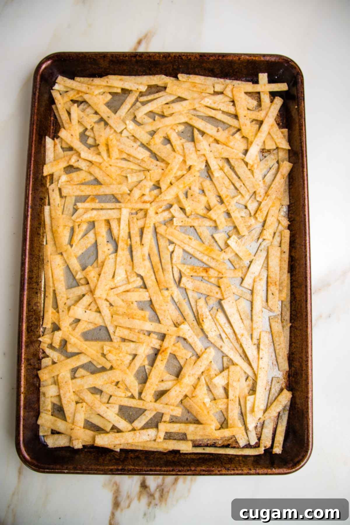 Rimmed baking tray with tortillas cut into strips and coated with taco seasonings