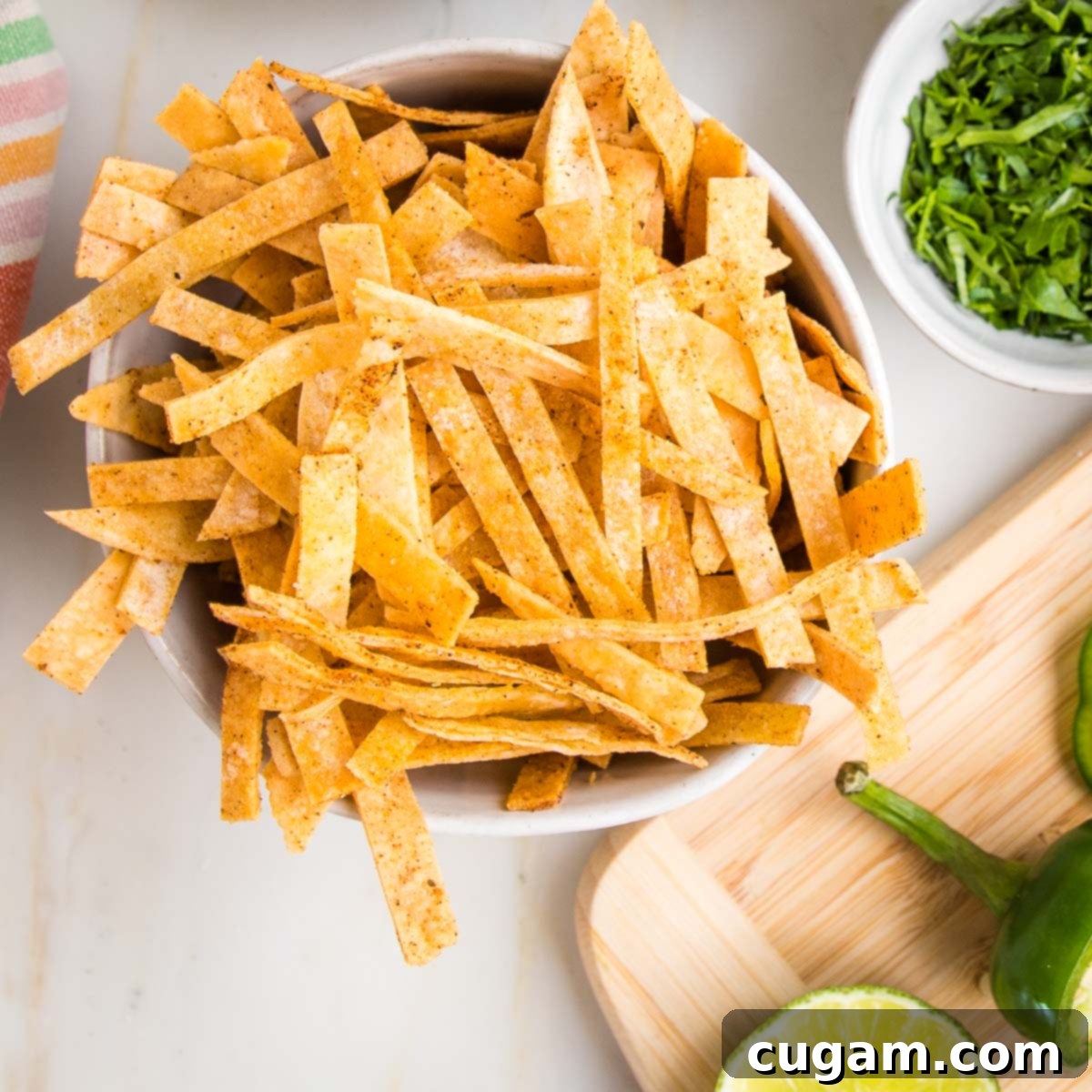 small bowl filled with baked tortilla strips
