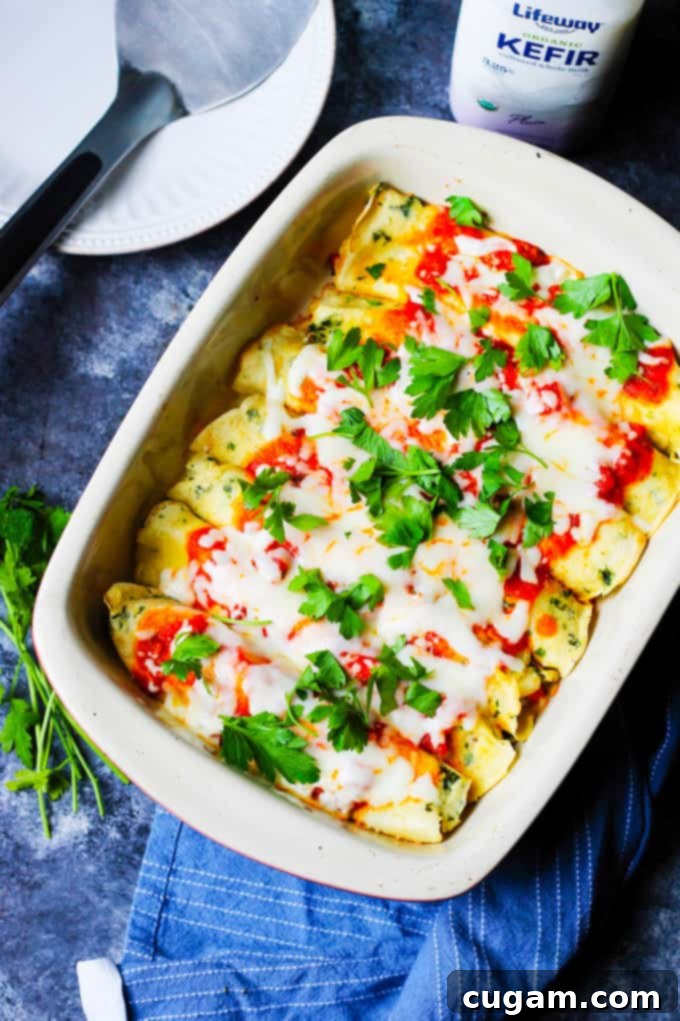 Crepes stuffed with chicken and baked with tomato sauce and mozzarella, served in a casserole dish