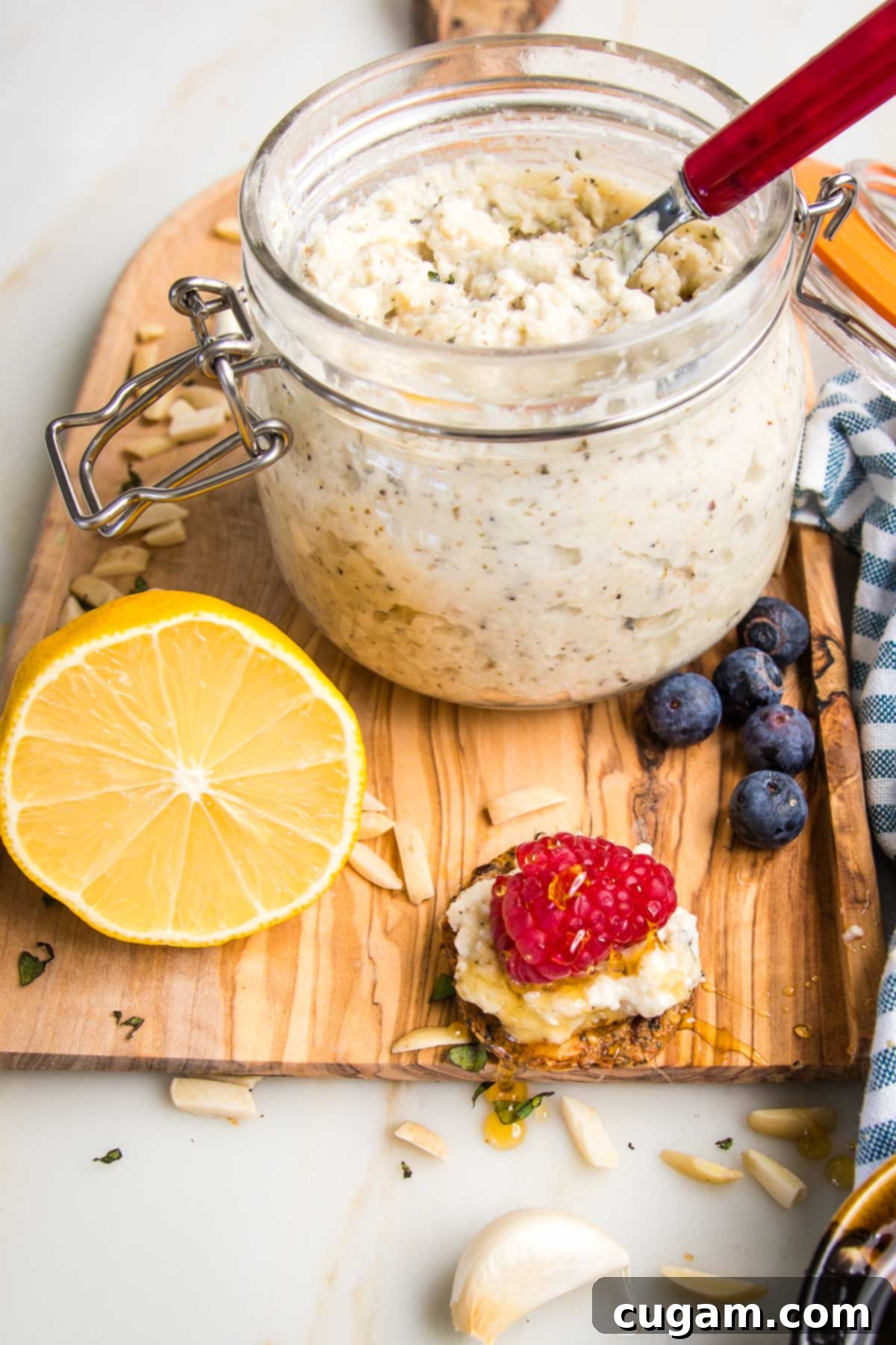 Jar of vegan ricotta and a spreader. A cracker spread with ricotta and a fresh raspberry, drizzled with honey and a few blueberries, plus half a lemon and a few slivered almonds and cloves of garlic.