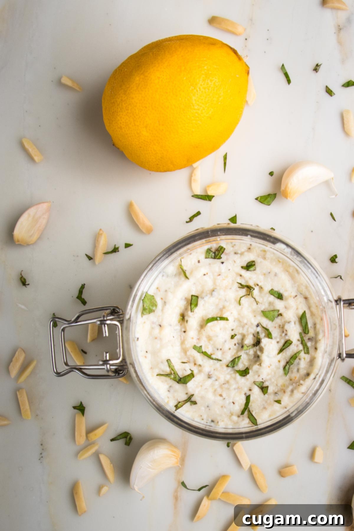 vegan ricotta in a glass storage jar, sprinkled with fresh herbs. Slivered almonds, garlic cloves and a lemon are scattered on the counter around the jar.