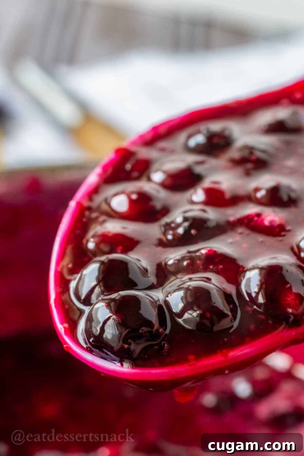 Cooked blueberry pie filling on spoon.