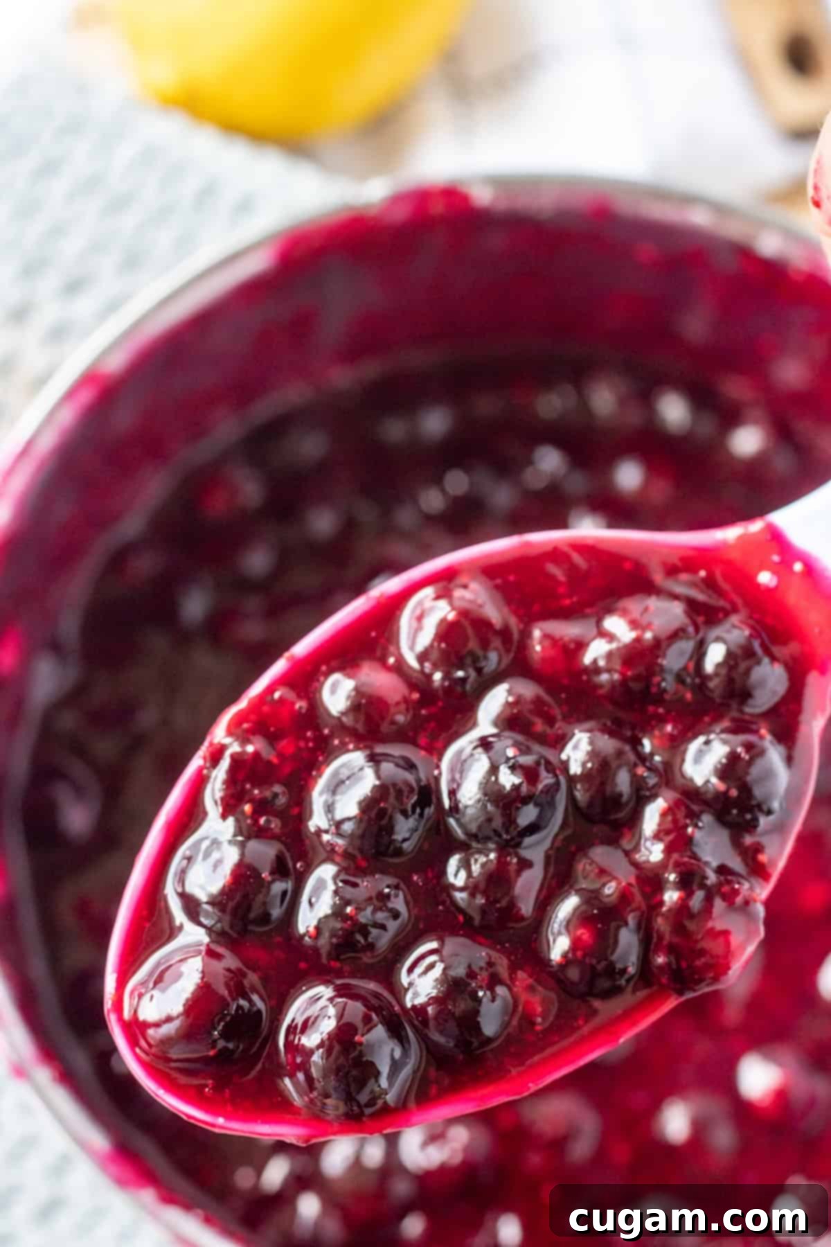 Cooked blueberry pie filling on spoon.