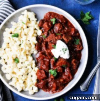 Hearty Hungarian Pörkölt Beef Stew 13 Porkolt Hungarian Goulash on a plate with noodles