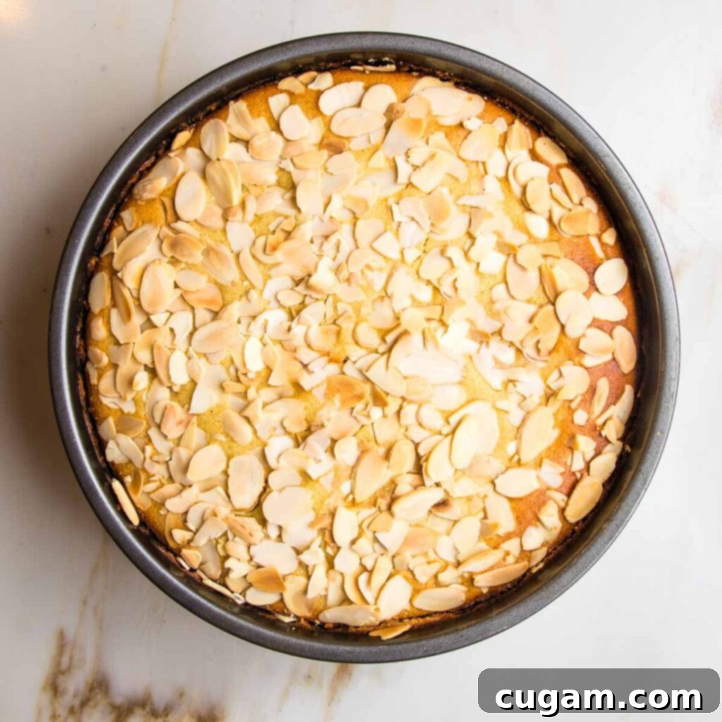 Cake batter in pan with sliced almonds on top, ready to bake.