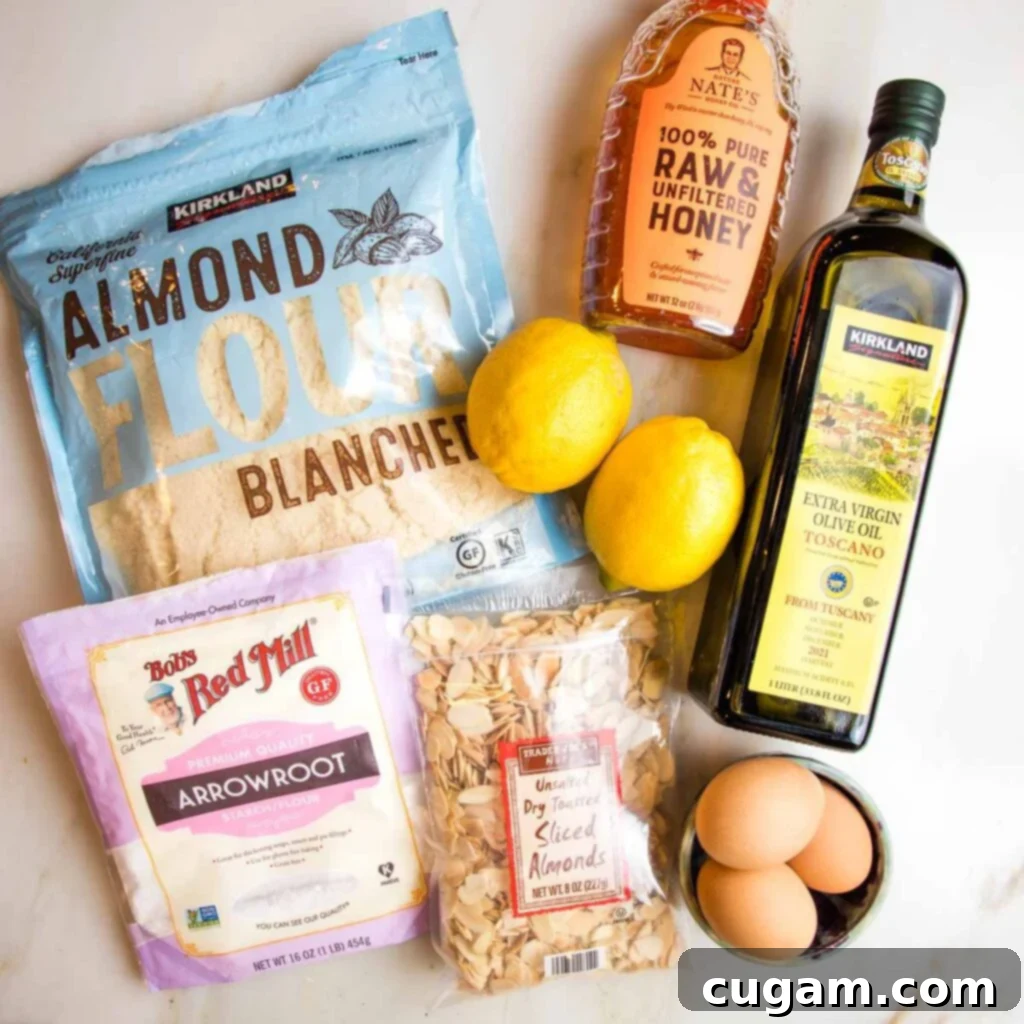 Zesty Gluten Free Lemon Cake 3 Ingredients for gluten-free lemon cake: almond flour, arrowroot powder, sliced almonds, lemons, honey, olive oil and eggs.