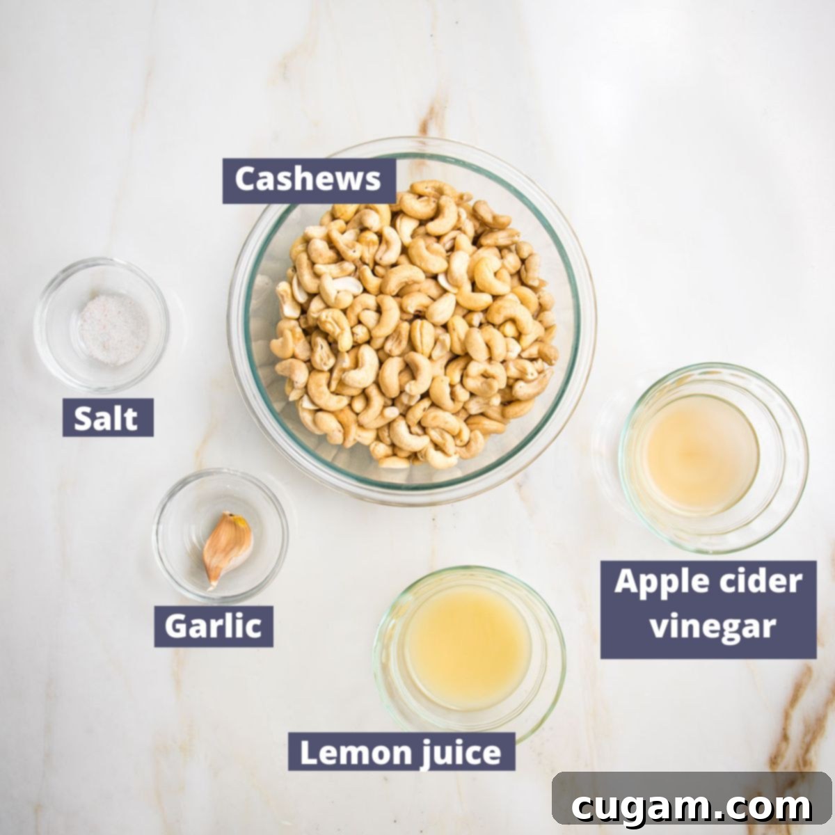 Labeled ingredients: cashews, salt, garlic, lemon juice and apple cider vinegar.