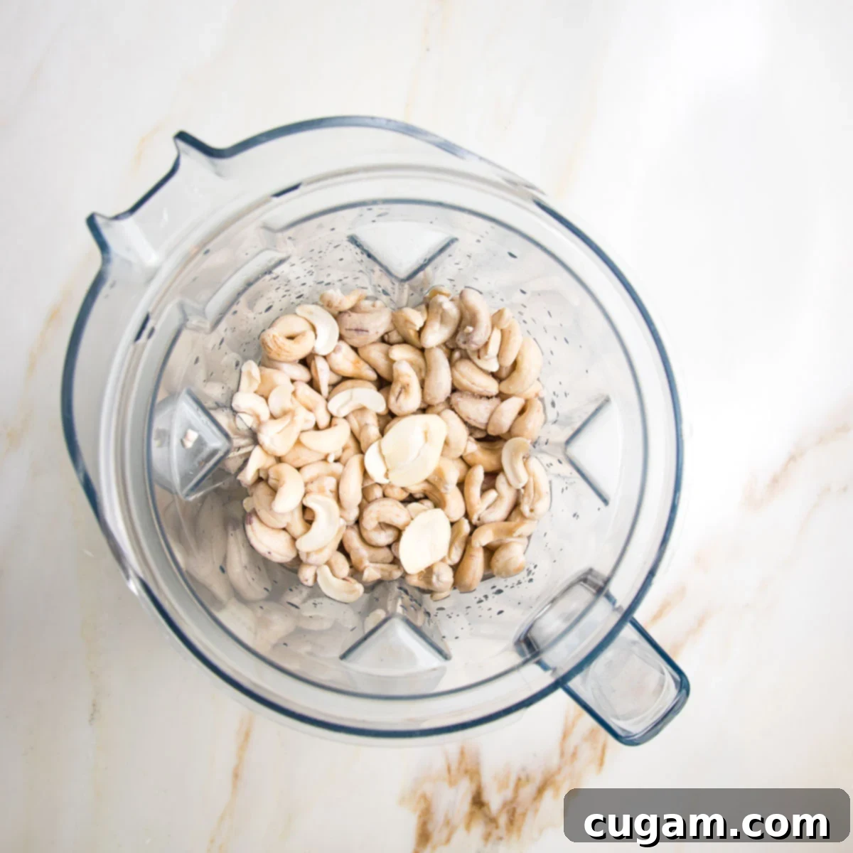 Blender pitcher filled with soaked cashews, salt, lemon juice, vinegar, garlic and water.