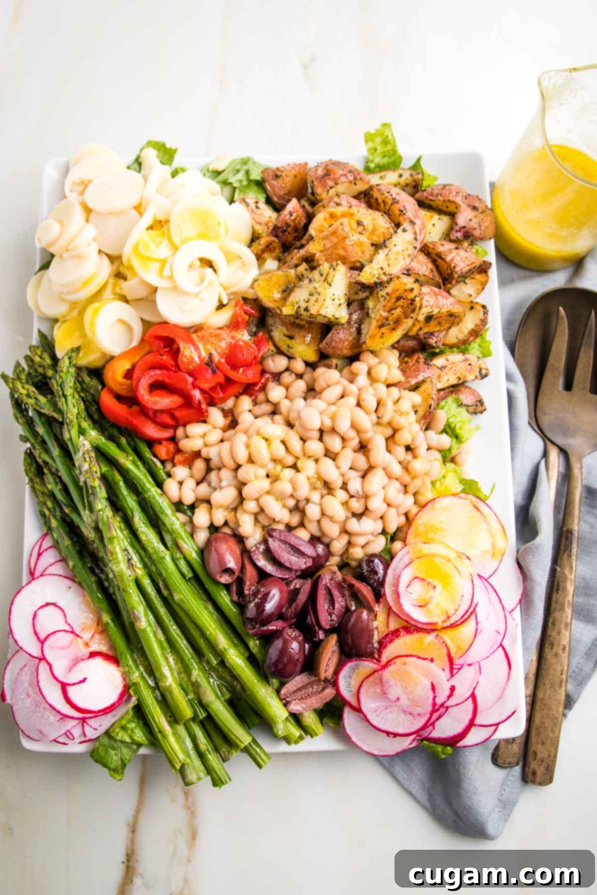 Colorful vegan nicoise salad with lemon vinaigrette. Colorful sections of roasted potatoes, roasted red peppers, asparagus, radish, olives and white beans.