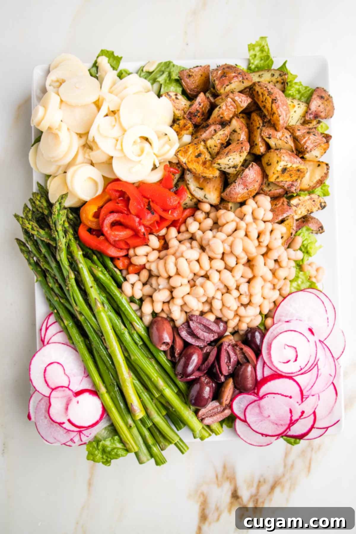 Vegan Nicoise Salad in sections: sliced hearts of palm, herby roasted potatoes, roasted red pepper strips, asparagus, small white beans, olives and radishes on a bed of greens.
