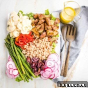 Plattered nicoise salad with sections of roasted potatoes, red peppers, small white beans, asparagus, olives, radish and hearts of palm with a side of lemon vinaigrette.