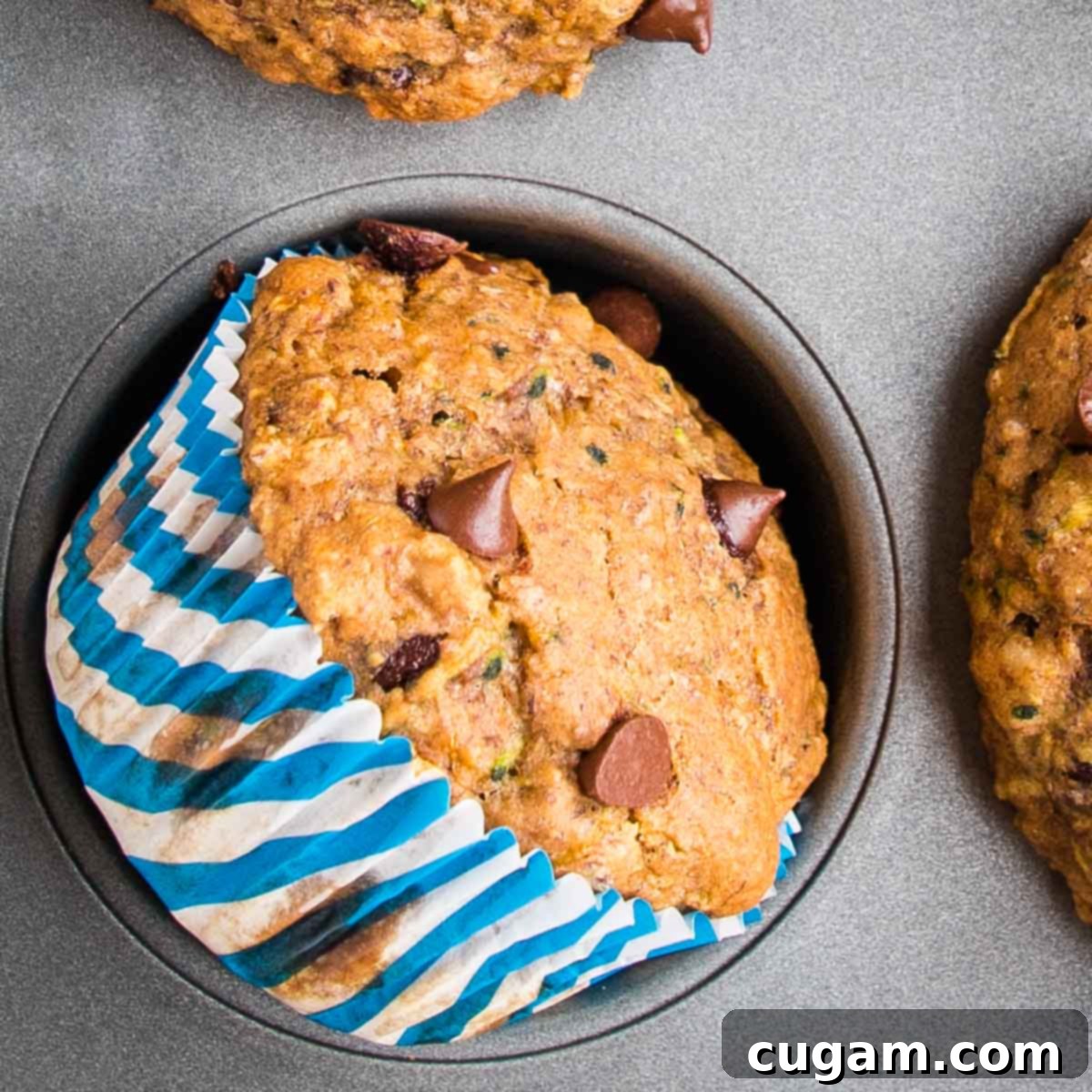 Vegan Zucchini Muffins 4 Chocolate Chip Zucchini Muffin inside the muffin tin, turned on its side so you can see the pretty striped blue wrapper, highlighting the delightful presentation.