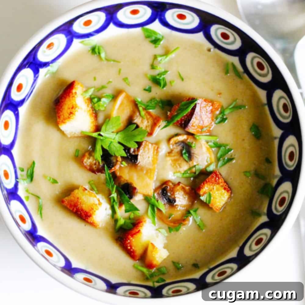 Cream of Mushroom Soup with Croutons and sliced mushrooms in a bowl