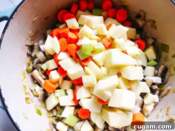 carrots, onions and potatoes added to a pot of mushrooms and onions