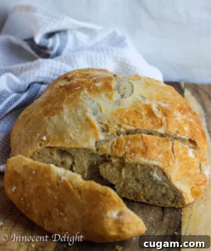 Partially sliced homemade Dutch oven crusty bread revealing its soft, open crumb texture