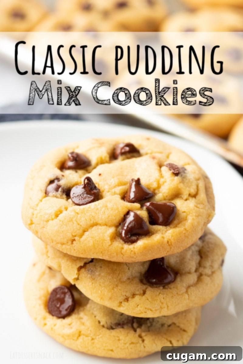 Stack of 3 baked chocolate chip pudding mix cookies with text overlay showcasing their chewy texture.