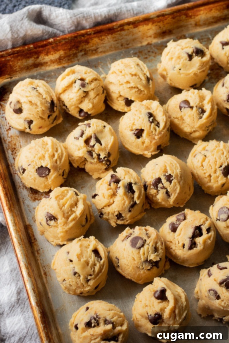 Raw chocolate chip pudding cookie dough balls arranged neatly on a baking pan, ready for the oven.