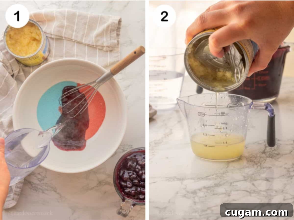 Pouring boiling water into bowl of red and blue jello, and hand pouring pineapple juice into measuring cup.