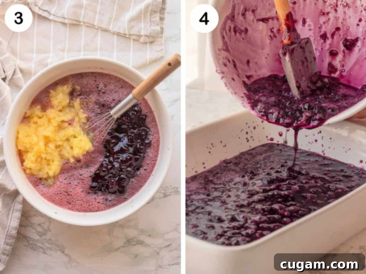 Crushed pineapple and blueberry pie filling in white bowl with whisk, Bowl pouring blueberry jello into white dish.
