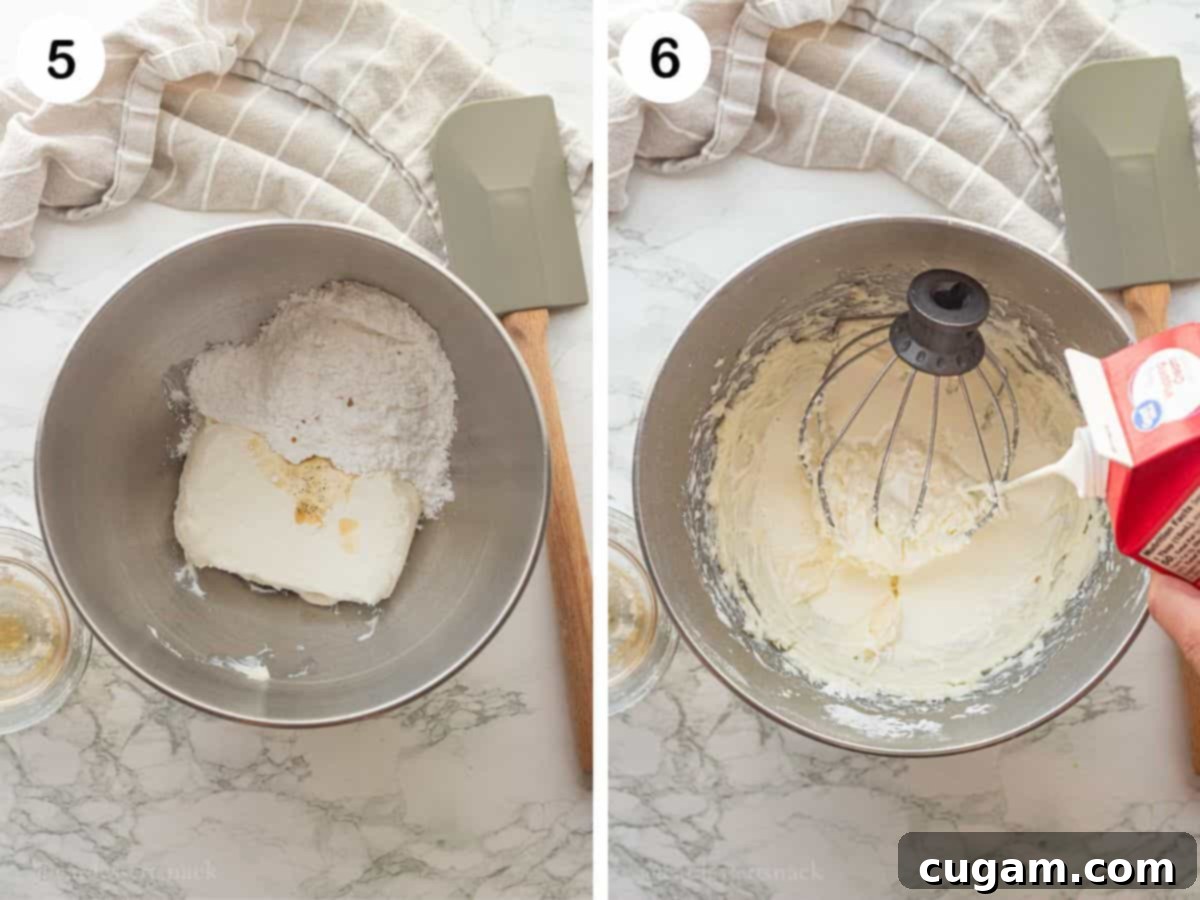Cream cheese, powdered sugar, vanilla in metal bowl and wire whisk mixing cream into cream cheese.