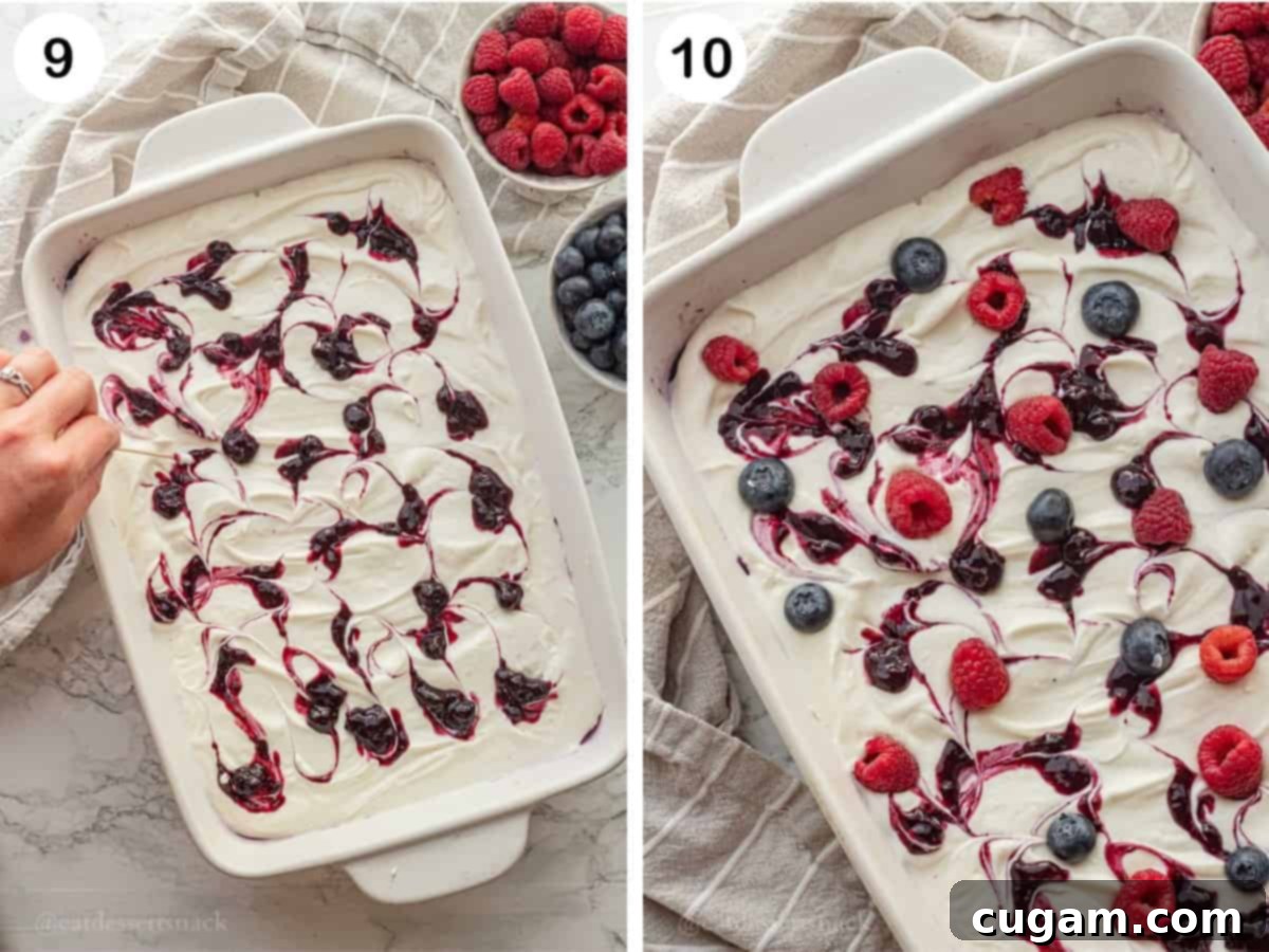 Berries on top of whipped cream topping and hand swirling blueberry pie filling into whipped topping.
