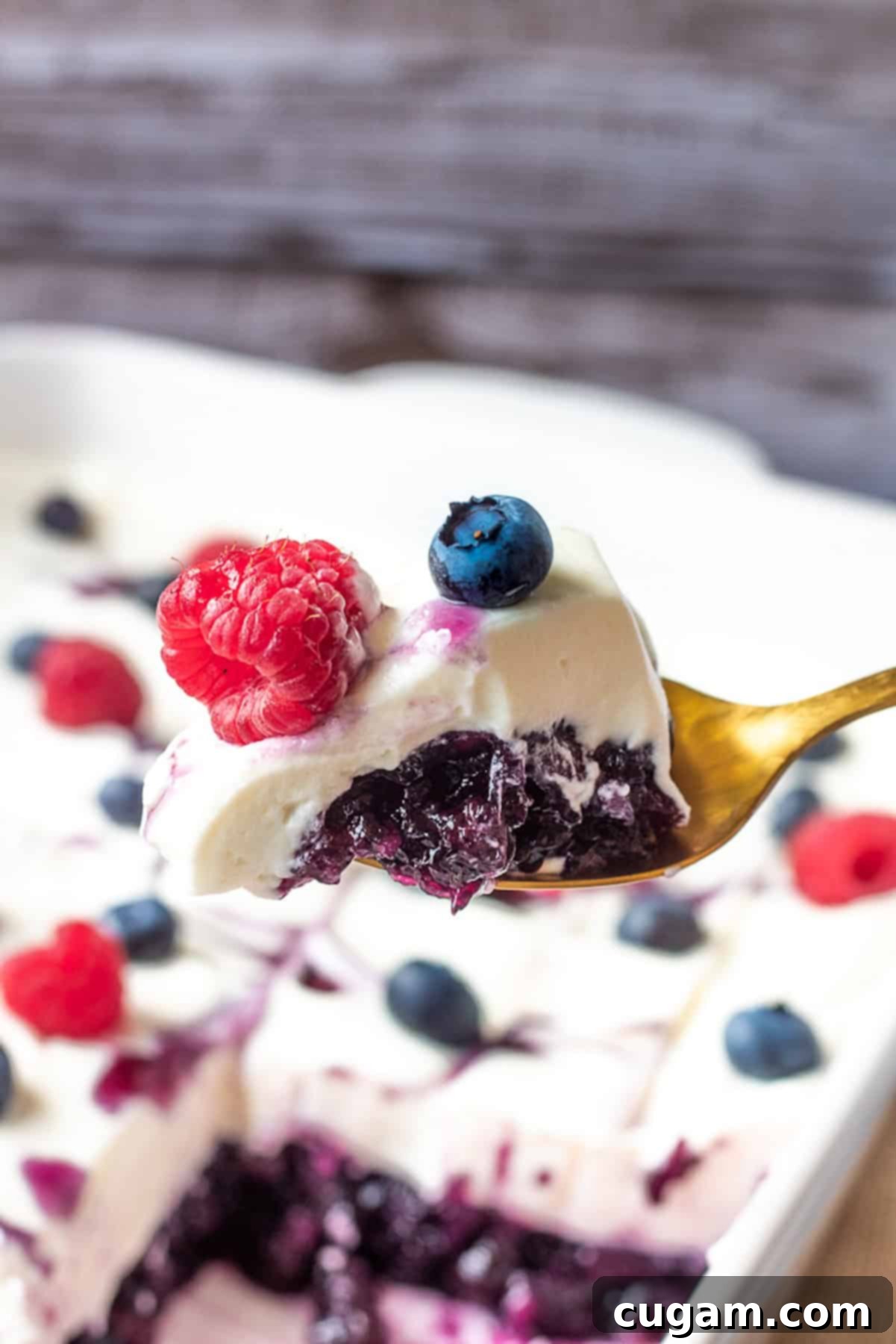Spoonful of blueberry jello salad with whipped cream cheese topping and berries.