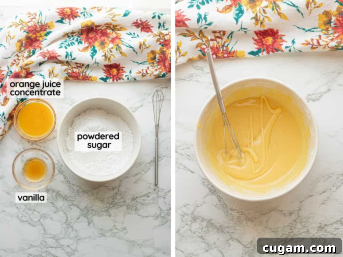 Left image shows ingredients for orange glaze: orange juice concentrate, powdered sugar, and vanilla in a white bowl. Right image shows the mixed, smooth orange glaze.