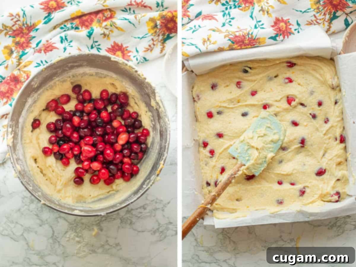 Left image shows raw cranberries being gently stirred into the cake batter. Right image shows the prepared batter being spread into a parchment-lined metal baking pan.