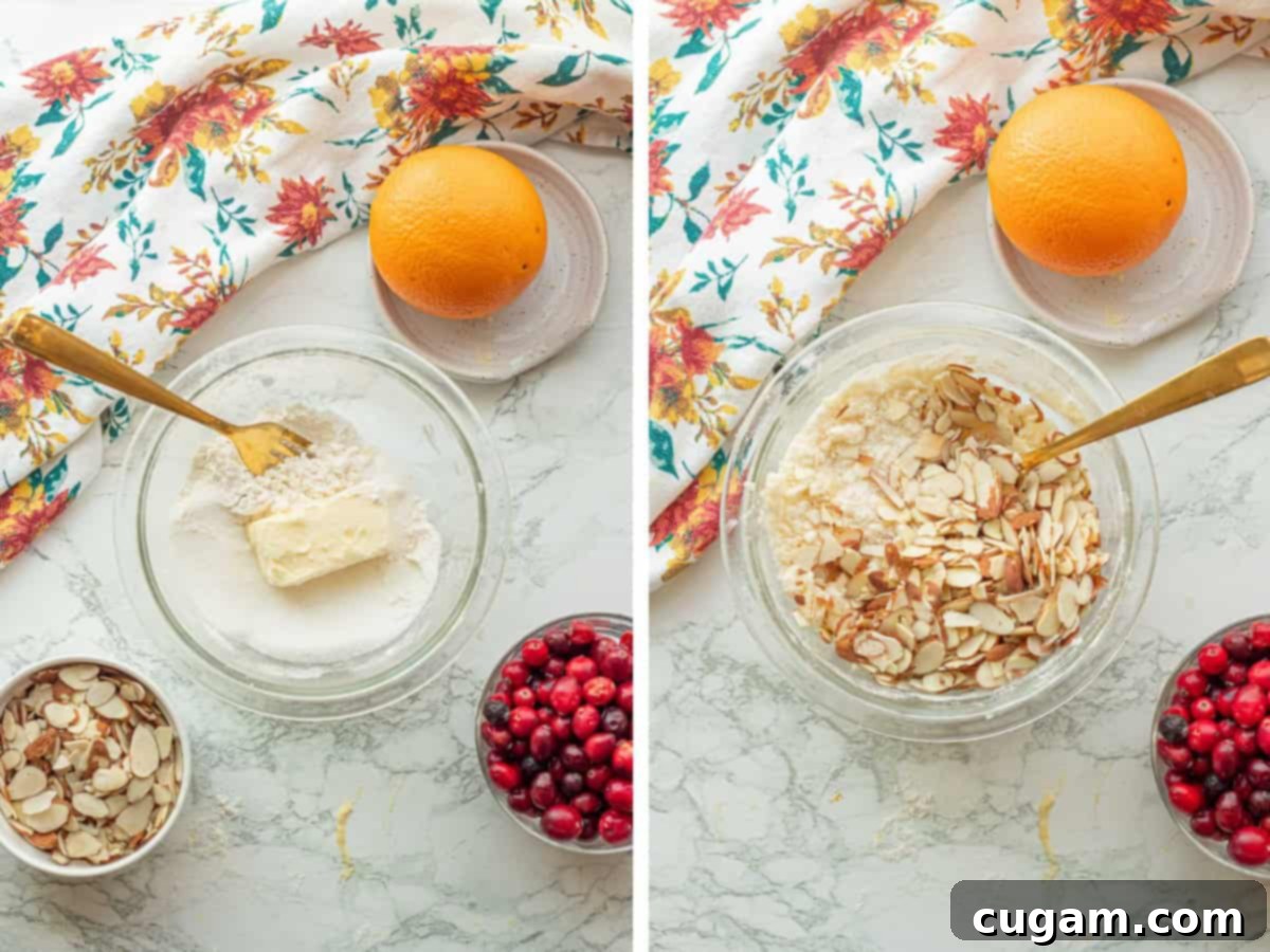 Left image shows butter and flour being mixed with a fork for the streusel. Right image shows sliced almonds mixed into the streusel in a glass bowl.