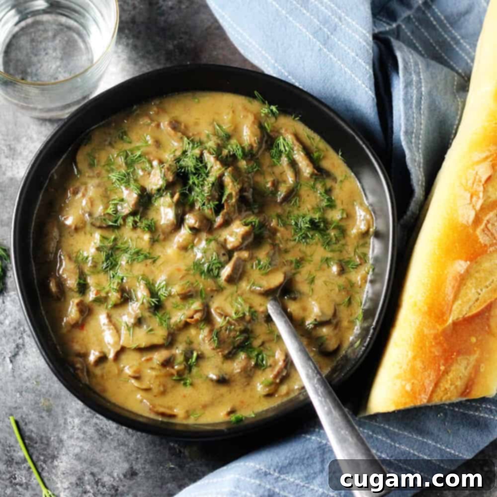 Beef Stroganoff in a black bowl with spoon and crusty bread on the side, ready to be served
