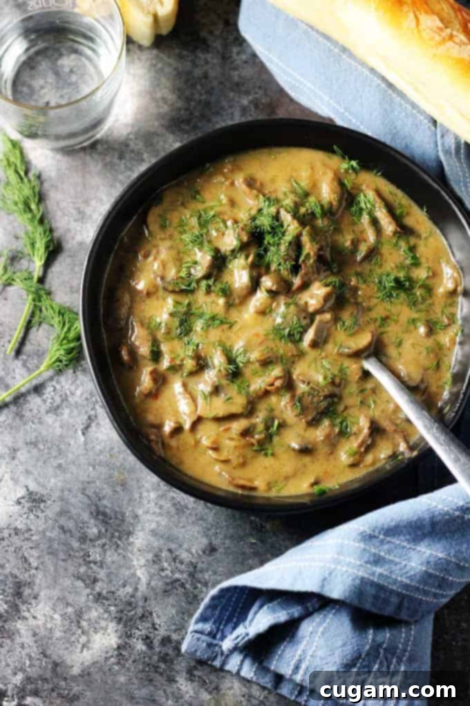 Beef Stroganoff in a black bowl with a spoon, garnished with fresh herbs