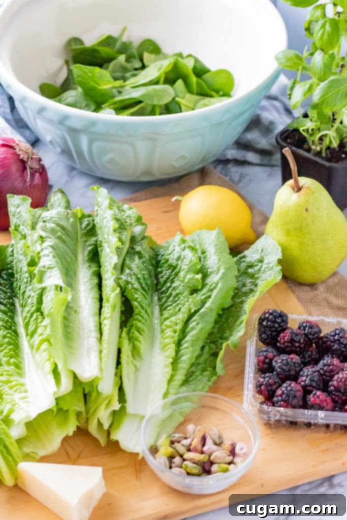 Raw ingredients for Blackberry Pear Salad: romaine, spinach, lemon, purple onion, pear, blackberries, basil, parmesan cheese. 