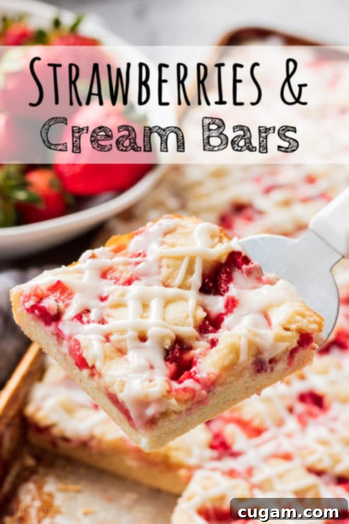 Slice of homemade Strawberries and Cream Bar with fresh strawberries and baking pan in background.