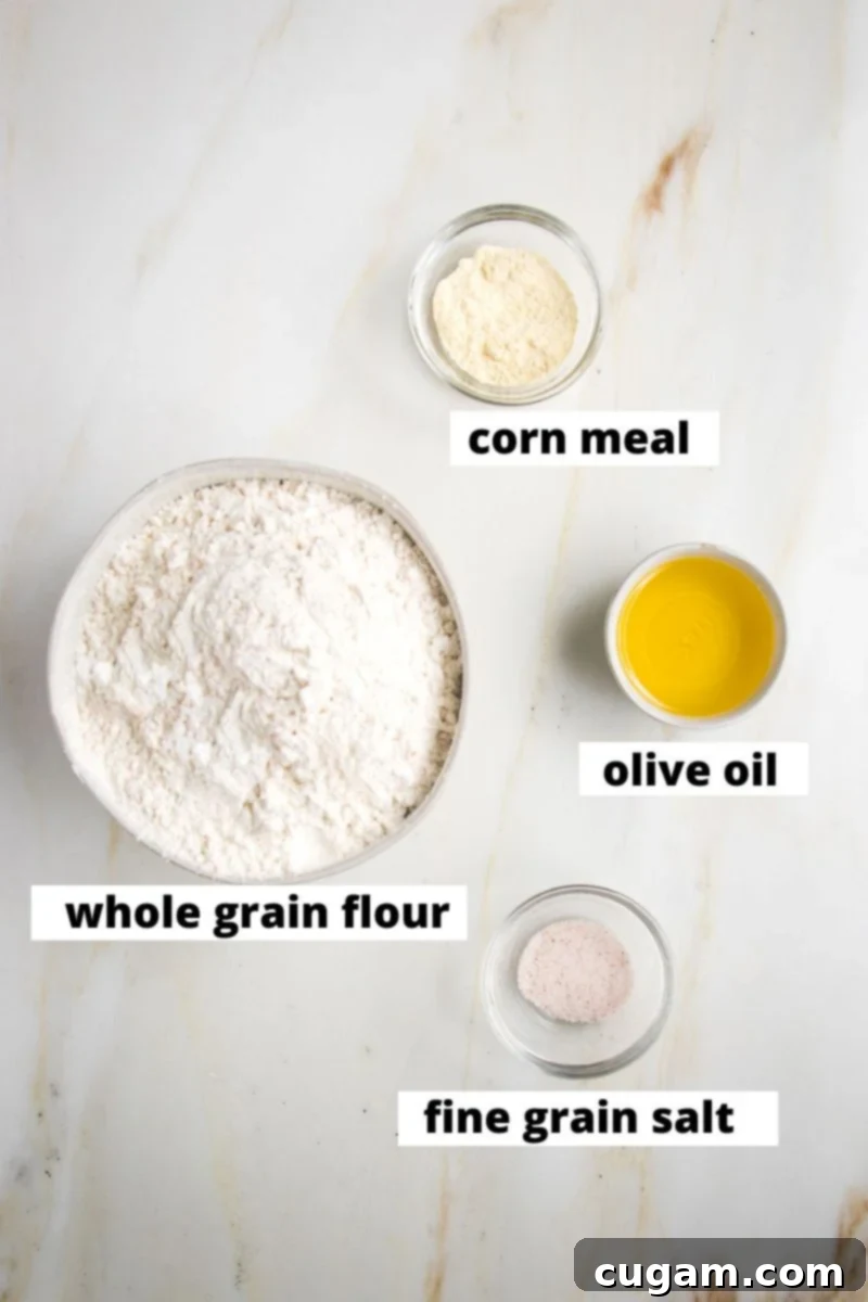 Flatbread dough ingredients labeled: whole grain flour, corn meal, olive oil, fine grain sea salt.