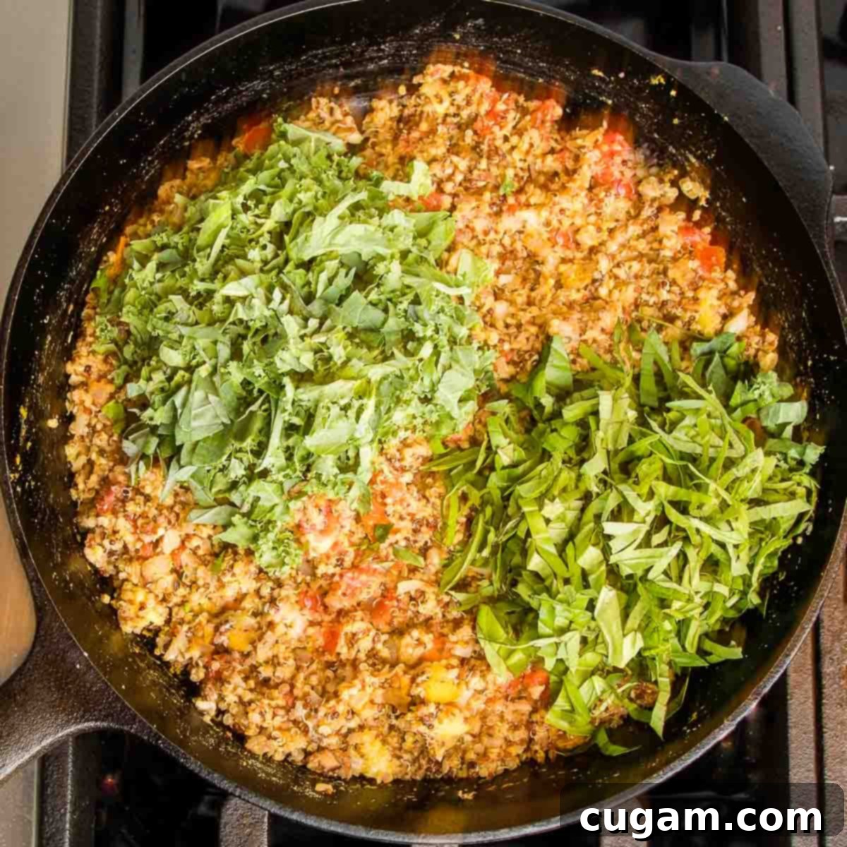 Sauteed veggies and quinoa, topped with chopped fresh greens and herbs.