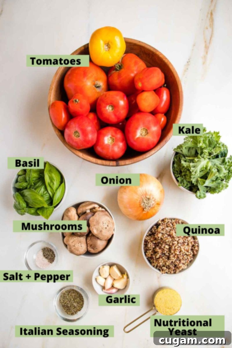 Labeled ingredients for stuffed tomatoes: tomatoes, basil, kale, onion, mushrooms, quinoa, salt + pepper, garlic, italian seasoning, nutritional yeast.