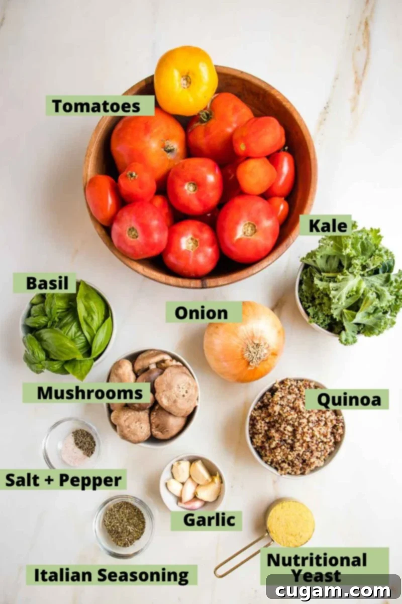 Labeled ingredients for stuffed tomatoes: tomatoes, basil, kale, onion, mushrooms, quinoa, salt + pepper, garlic, italian seasoning, nutritional yeast.